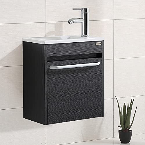 wonline 16” Bathroom Vanity Sink Combo for Small Space Black Wall Mounted Cabinet Set Design White Resin Basin Sink Top Chrome Faucet - color: Black
