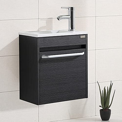 wonline 16” Bathroom Vanity Sink Combo for Small Space Black Wall Mounted Cabinet Set Design White Resin Basin Sink Top Chrome Faucet - color: Black
