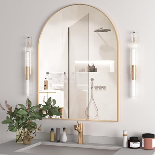 Arched Wall Mirror for Bathroom, 30"x40" Arched Mirror Wall Mounted Mirror with Metal Frame, Gold Vanity Mirror Decor for Mantle, Bedroom, Entryway, Living Room - color: Gold, size: 40"L x 30"W