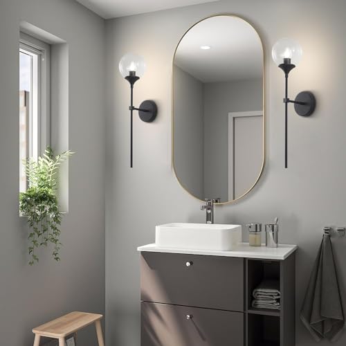 KCO Lighting Matte Black Industrial Wall Sconces Set of Two 1-Light Mid Century Bathroom Wall Mounted Light Sconce Modern Clear Bubble Glass Globe Wall Sconce Lamp Set of 2 - color: Black+Clear
