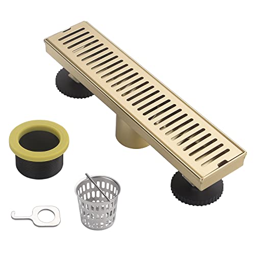 12 Inch Brushed Gold Linear Shower Drain, Removable Rectangle Shower Drain Capsule Pattern Cover Grate With Adjustable Horizontal Foot Thread Adapter, Brass Finish 304 Stainless