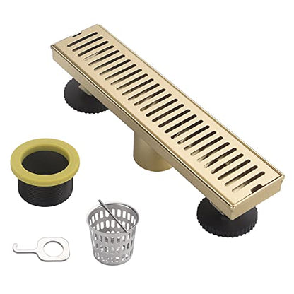 12 Inch Brushed Gold Linear Shower Drain, Removable Rectangle Shower Drain Capsule Pattern Cover Grate With Adjustable Horizontal Foot Thread Adapter, Brass Finish 304 Stainless
