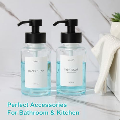 Foaming Hand Soap Dispenser, 14.1 oz/400ml Foaming Soap Dispenser, 2 Pack Glass Foaming Dispenser for Bathroom & Kitchen, Clear Refillable Liquid Dispenser Bottle with Waterproof Labels - color: Clear Bottle+black Pump
