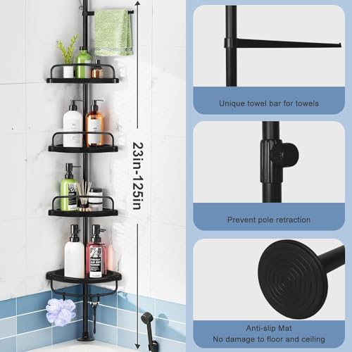 Corner Shower Caddy Constant Tension Pole Rustproof Shower Rack 4 Tiers Adjustable Bathroom Storage Organizer Drill Free