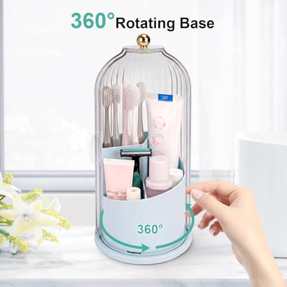 QIYVLOS Toothbrush Holders with Sliding Lid, Rotating 3 Slots Bathroom Organizer Countertop, Tooth Brush Toothpaste Holder Bathroom Counter Stand Sink Organizer Caddy for Makeup Brushes Holder (Blue) - color: Blue+Transparent