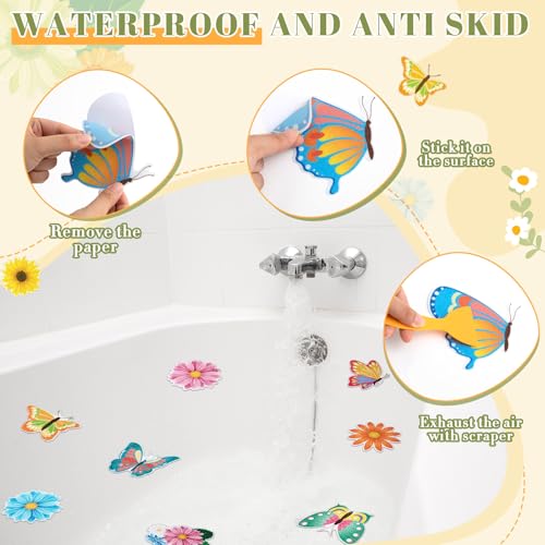 Fullhawl 30 Pcs Butterfly Sun Flower Non Slip Bathtub Stickers 4.72 x 4.72 Inch Anti Slip Shower Floor Sticker Applique Adhesive Decals Treads with Scraper for Bathtub Bathroom Shower Floor - style: Floral