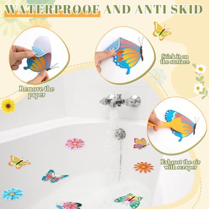 Fullhawl 30 Pcs Butterfly Sun Flower Non Slip Bathtub Stickers 4.72 x 4.72 Inch Anti Slip Shower Floor Sticker Applique Adhesive Decals Treads with Scraper for Bathtub Bathroom Shower Floor - style: Floral