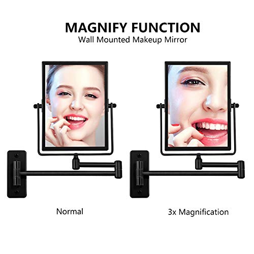 QiMH 3X Magnified Wall Mounted Mirror, Rectangular 8x6 Inch with Extendable Arm | Double-Sided Swivel Bathroom Shaving Vanity Mirror
