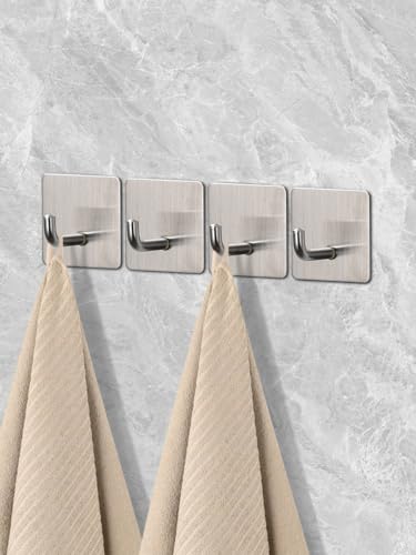 4 Pcs Stainless Steel Adhesive Hooks, Heavy Duty Waterproof in Shower Hook for Hanging Loofah, Towels, Clothes, Robes for Bathroom Removable Adhesive Wall Door Hangers, Square (Silver) - color: Silver, size: Square