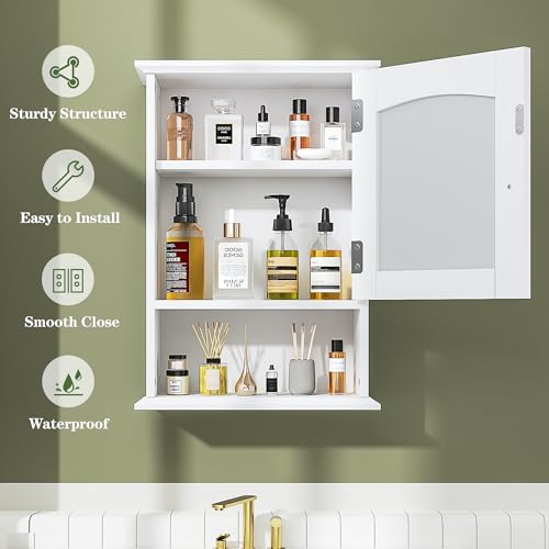 VECELO Bathroom Wall Cabinet with Mirror, Small Medicine Cabinets with Door, Wood Adjustable Shelf, 14.7 x 19.8 x 7.1 Inches, White