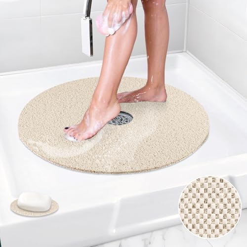 Shower Mat Non Slip: 31 Inch Diameter Extra Large Round Shower Mats with Drain Hole in Middle - Soft Loofah Great Drainage Shower Stall Matt for Inside Shower - color: Beige, size: 31" (Round)