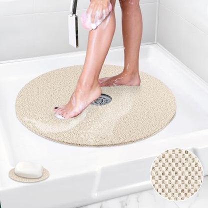 Shower Mat Non Slip: 31 Inch Diameter Extra Large Round Shower Mats with Drain Hole in Middle - Soft Loofah Great Drainage Shower Stall Matt for Inside Shower - color: Beige, size: 31" (Round)