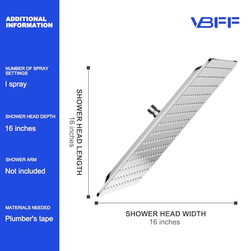 VBFF-Shower Head,rain shower head, 16 inch- Square Shower Head, 1.8 GPM Flow Rate, rainfall showerhead,VBFF10(Chrome) - color: Chrome, size: 16 Inch
