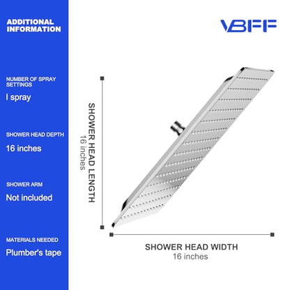 VBFF-Shower Head,rain shower head, 16 inch- Square Shower Head, 1.8 GPM Flow Rate, rainfall showerhead,VBFF10(Chrome) - color: Chrome, size: 16 Inch
