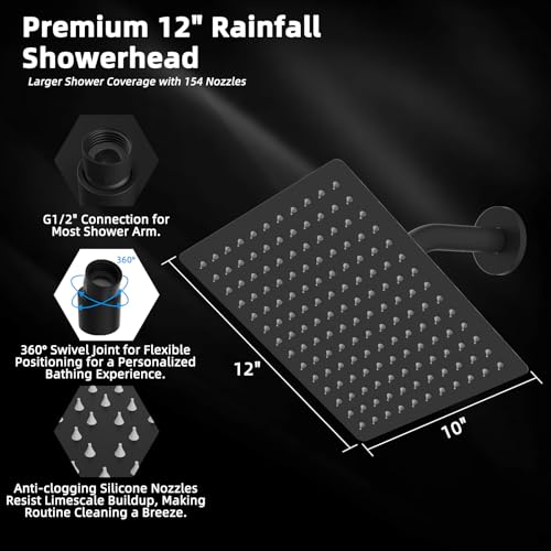 Hibbent All Metal 12 Inch Shower Head, High Pressure Stainless Steel Rain Showerheads, Bathroom Rainfall Showerhead with Ultra-thin Design, Adjustable Brass Ball Joint, Silicone Nozzles, Matte Black - color: Matte Black, size: 12 Inch