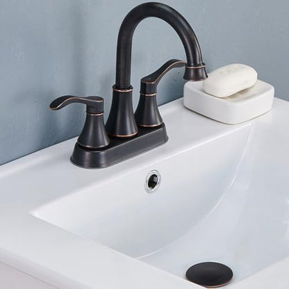 Lead-Free Antique 2 Handle Bathroom Sink Faucet, 360° Swivel High-Arc Spout 4-Inch Centerset Lavatory Vanity Faucets Set with Drain & Water Hoses, Oil Rubbed Bronze
