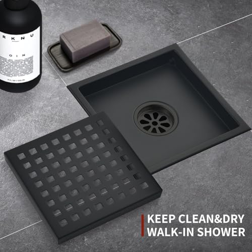 6 Inch Square Shower Drain with Flange,Matte Black，Quadrato Pattern Grate Removable,Food-Grade SUS 304 Stainless Steel，with Hair Strainer - color: 6-inch Matte Black