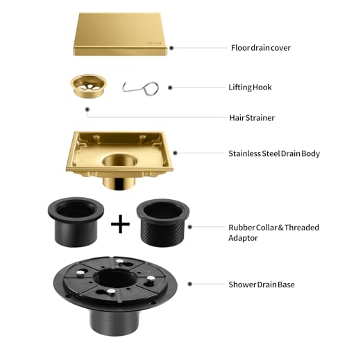Hidden Brushed Square Shower Floor Drain, Gold 6 inch, 304 Stainless Steel, with Flange, Detachable Cover Embedded in Ceramic Tiles - color: Hidden Gold, size: 6 inch