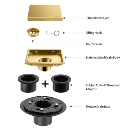 Hidden Brushed Square Shower Floor Drain, Gold 6 inch, 304 Stainless Steel, with Flange, Detachable Cover Embedded in Ceramic Tiles - color: Hidden Gold, size: 6 inch