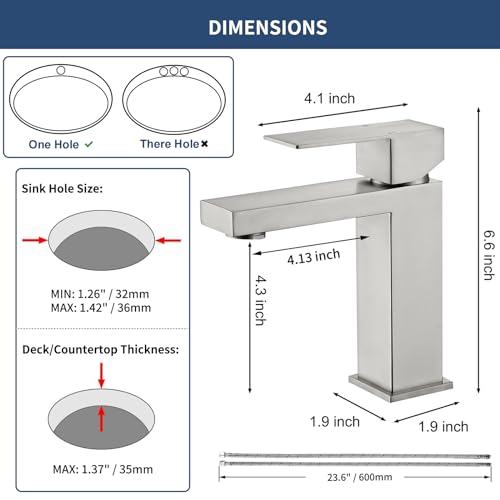 Brushed Nickel Bathroom Sink Faucets One Hole Sink Faucet Single Handle 1 Hole Vanity SUS304 Stainless Steel Faucet for Bathroom Sink Bathroom Faucets, SF3-BN - color: Brushed Nickel, style: For 1 Hole Sink: Only Faucet (NO Drain)