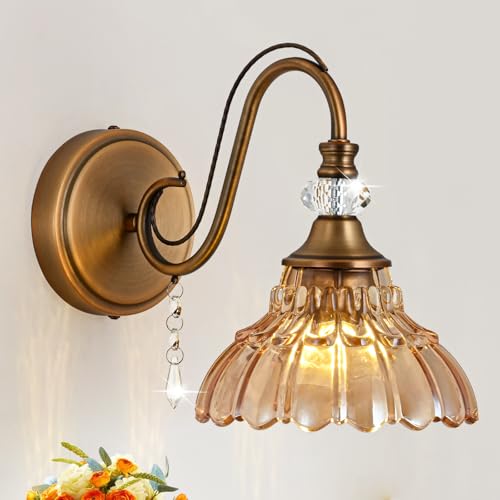 1 Piece Vintage Wall Sconce, 1-Light Matte Antique Brass Finish Wall Sconce with Hanging Crystal Accents and Flower-Shaped Amber Shades for Bathroom Bedroom Living Room,Vintage Vanity Light - color: Antique Brass and Amber, size: 1-Light