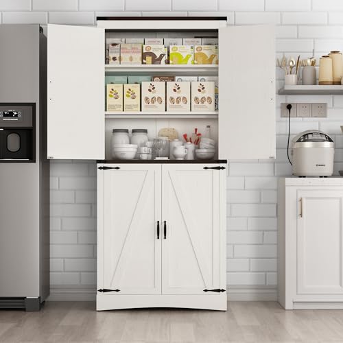 Hlivelood 71" Tall Kitchen Pantry,Farmhouse Storage Cabinet with Adjustable Shelves,Load-Bearing Steel Pipe,Farmhouse Pantry Cabinet with 4 Barn Doors,for Kitchen,Dining Room,Living Room(Rustic White) - color: Rustic White