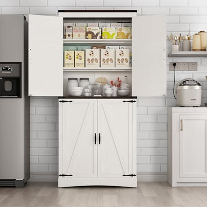 Hlivelood 71" Tall Kitchen Pantry,Farmhouse Storage Cabinet with Adjustable Shelves,Load-Bearing Steel Pipe,Farmhouse Pantry Cabinet with 4 Barn Doors,for Kitchen,Dining Room,Living Room(Rustic White) - color: Rustic White
