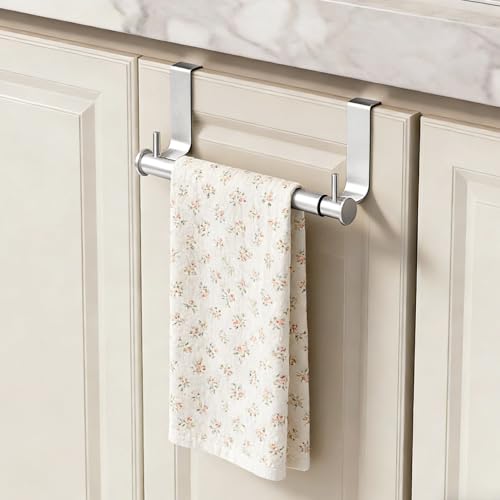 VEHHE Stainless Steel Expandable Towel Rack for Under Cabinet, Adjustable Over the Door Towel Rack with Hanging Hooks for Kitchen Cabinet, Bathroom Sponge Hand Towel Storage, Rust Proof Organizer