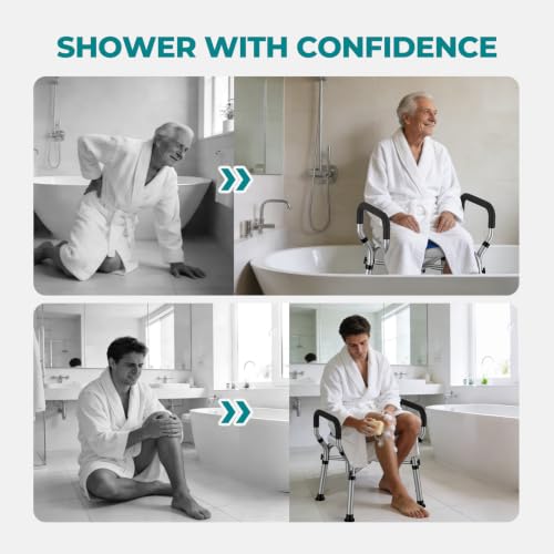 Shower Chair for Inside Shower with Arms & Back, 550 lbs, 6 Heights | Dual Crossbar Frame, Non-Slip Feet, 22-Inch EVA-Cushioned Seat, Showerhead Holder, Rust-Resistant Aluminum, Tool-Free Setup - color: Blue