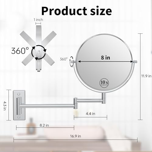 8" Wall Mounted Makeup Mirror with 1X 10X Magnification, Chrome | Double-sided Wall Mount Magnifying Mirror with Swivel Extendable Arm for Bathroom - color: Chrome-no Lights