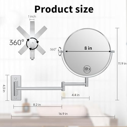 8" Wall Mounted Makeup Mirror with 1X 10X Magnification, Chrome | Double-sided Wall Mount Magnifying Mirror with Swivel Extendable Arm for Bathroom - color: Chrome-no Lights