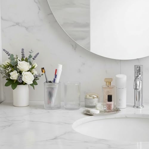 Clear Toothbrush Holders for Bathrooms, 2pcs Glass Toothbrush Holder and 12oz Bathroom Tumbler Cup Set, Silver Tooth Brush and Toothpaste Organizer for Bathroom Vanity Countertop - color: Clear Silver