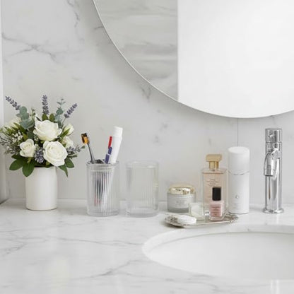 Clear Toothbrush Holders for Bathrooms, 2pcs Glass Toothbrush Holder and 12oz Bathroom Tumbler Cup Set, Silver Tooth Brush and Toothpaste Organizer for Bathroom Vanity Countertop - color: Clear Silver