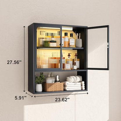 Metal Medicine Cabinet with Glass Doors, Space Saver Bathroom Cabinets Wall Mount with 2 Sense Lights, 23.6"W x 27.6"H Restroom Closet, 3-Tier Wall Cabinet for Bathroom Laundry Room Kitchen - color: Black, style: Classic