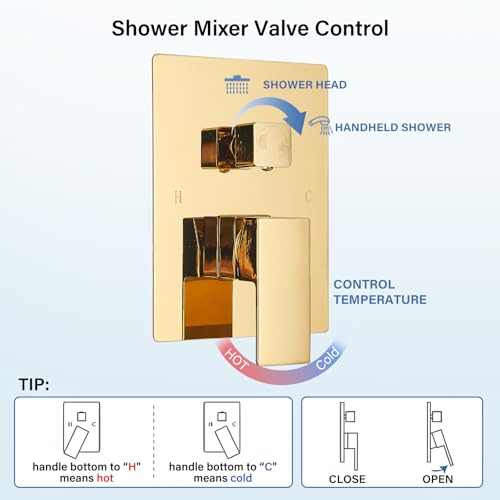 Polished Gold Shower System 12 Inch LED Square Rainfall Shower Head Ceiling Mount Shower Faucet Set with Hand Sprayer Rough-in Valve Trim Kit Bathroom Mixer Shower Combo Set - color: Gold, style: 12"-led