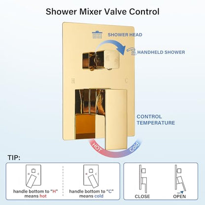 Polished Gold Shower System 12 Inch LED Square Rainfall Shower Head Ceiling Mount Shower Faucet Set with Hand Sprayer Rough-in Valve Trim Kit Bathroom Mixer Shower Combo Set - color: Gold, style: 12"-led