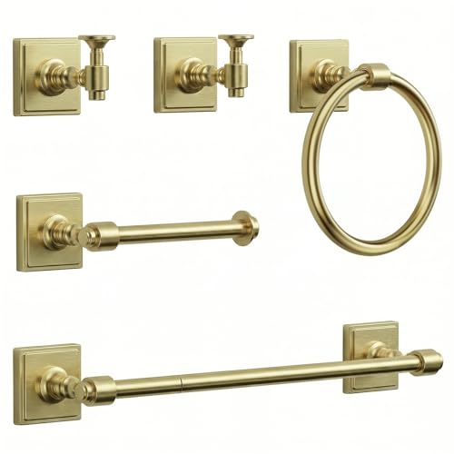 VEHCIL Brushed Gold Bathroom Towel Bar Set, 5 Piece Bathroom Hardware Accessory Set, SUS304 Stainless Steel 24" Towel Rack Holder Set for Bathroom, Wall Mounted - color: Brushed Gold