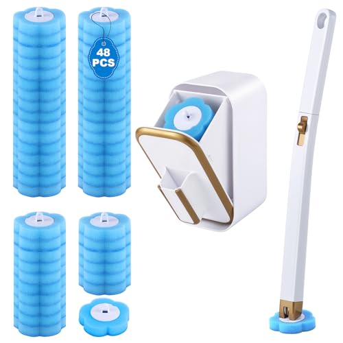wlich Disposable Toilet Brush Set With 48 Refills, Wall-Mount Holder | Flexible Scrubbing Head, Hygienic Toilet Cleaning, Wall-Mounted Storage for Homes, Apartments, Dorms, Offices, Hotels - color: White+Gold - 48 Refills