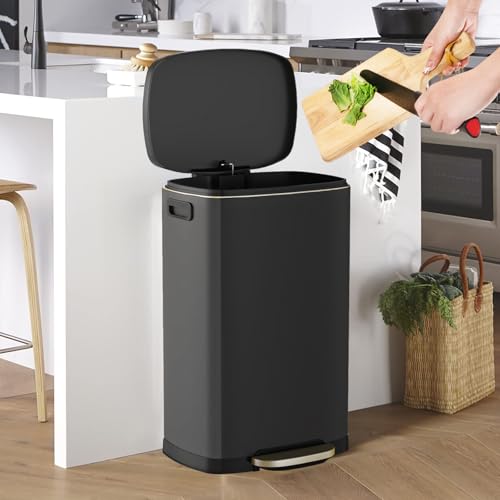 ELPHECO Kitchen Trash Can with Lid 13 Gal Stainless Steel Pedal Garbage Can | Soft Close Lid Pedal Heavy-Duty Fingerprint Proof Step Wastebasket with 20 Bags Removable Bucket, Home Office, Matte Black - color: Matte Black