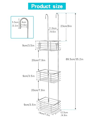 YQH 3-Tier Hanging Shower Rack - Door Organizer with 2 Hooks for Razor, Shower Balls and More (3 Tiers)