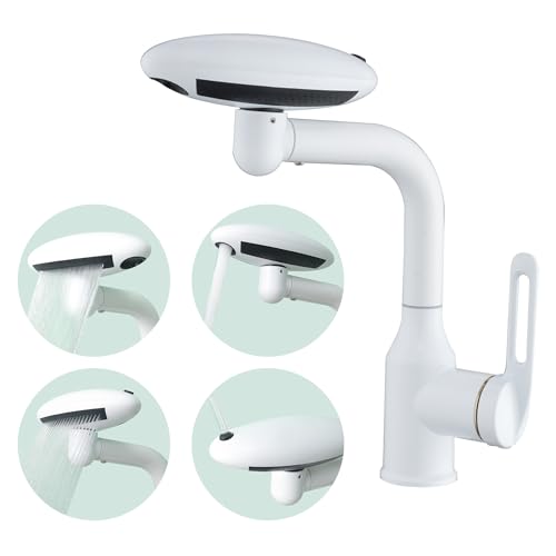 Bathroom Sink Faucet 1 Hole, White Multifunctional Basin Faucet with 4 Water Outlet Modes, Modern 360°Rotatable Bar Tap with Two Water Supply Pipes - color: White