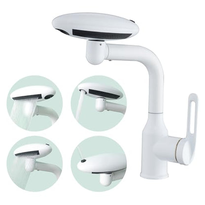 Bathroom Sink Faucet 1 Hole, White Multifunctional Basin Faucet with 4 Water Outlet Modes, Modern 360°Rotatable Bar Tap with Two Water Supply Pipes - color: White