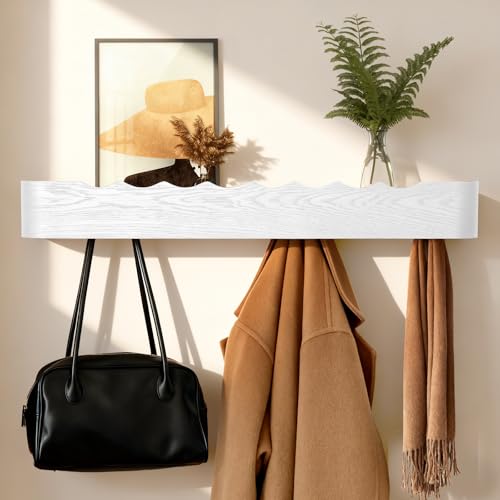 Coat Rack Wall Mount with Shelf Entryway Shelf Modern Key Holder Hanger Wall Shelves with Hidden Hooks for Hanging Towels Coats Hats Bags for Hallway Bathroom Bedroom (Wavy White, 8 Hooks) - color: Wavy White, size: 8 hooks
