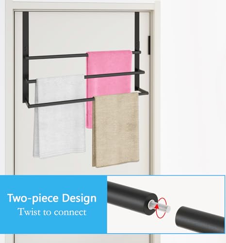 24Inch Over the Door Towel Rack, Stainless Steel DOKU Door Towel Hanger, Over Door Towel Holder with 3 Tier Towel Bars, Matte Black Over Door Towel Storage for Bathroom