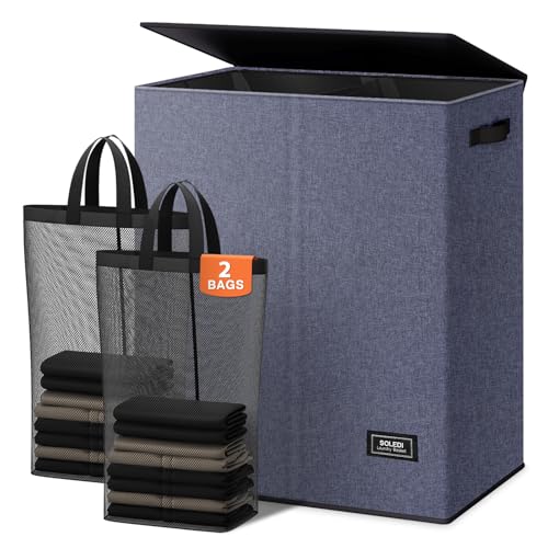 SOLEDI Large Double Laundry Hamper with Lid, Collapsible Clothes Hamper 2 section with Removable Bags, Space-Saving Laundry Basket for Bedroom, Dorm, College - color: Navy blue, size: 145l