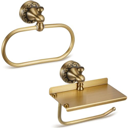 2 Pcs Antique Brass Toilet Paper Holder Towel Ring Set, Vintage Bathroom Hardware, Wall Mounted Toilet Tissue Holder Hand Towel Ring, Rustproof Brass Bathroom Accessories(with Phone Shelf) - style: with Phone Shelf