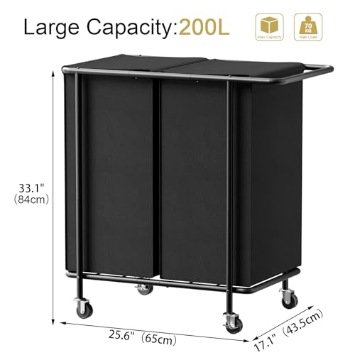 Double Laundry Hamper with Wheels & Lid, 200L Large Rolling Laundry Basket | Chrislley Sturdy Metal Laundry Cart 2 Section with Long Handle and Removable Bags,Dirty Clothes Hamper for Laundry Room,Black - color: Black, size: 200L(29.7"L x 16.9"W x 33.1"H)