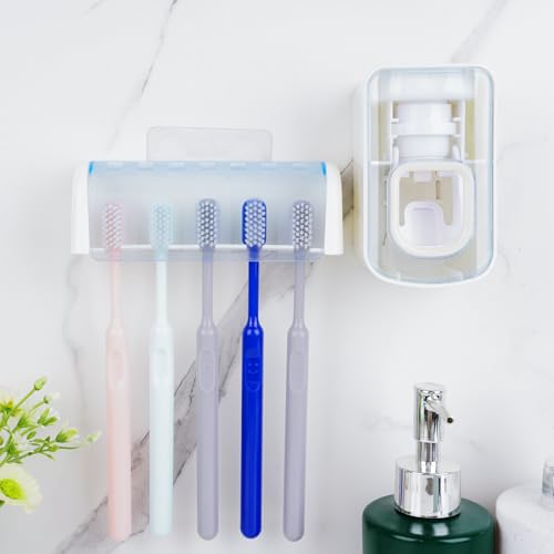 5 Slots Wall Mount Toothbrush Holder with Cover, Self Adhesive Toothbrush Storage Organizer for Shower, Toothbrush Hanger with Automatic Toothpaste Squeezer Dispenser(White + Blue) - color: White + Blue Combination