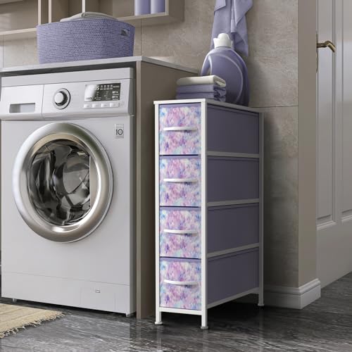 Sorbus Kids Narrow Dresser with 4 Drawers - Vertical Slim Storage Chest of Drawers with Steel Frame, Wood Top & Easy Pull Fabric Bins for Small Spaces, Closets, Bedroom, Bathroom & Laundry - color: Tie-dye Blue/Pink/Purple, style: 4 Drawer