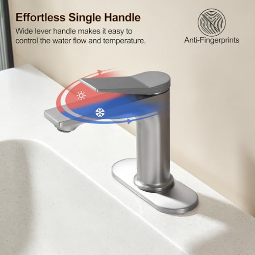 Rbrohant Single Hole Bathroom Faucet, Brushed Nickel Single Handle Bathroom Sink Faucets for 1 Hole, Bathroom Vanity Faucet with Pop up Drain and Cover Plate, Deck Mount, R2001-BNP - color: Brushed Nickel, style: With Escutcheon